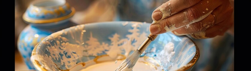 Majolica technique, applying tinglazed enamel for a glossy finish, decorative and delicate, in a lightfilled, historical studio