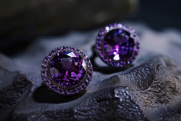 Musgravite, deep purple gems, showcased in individual settings, enigmatic and luxurious, highlighted with spotlights