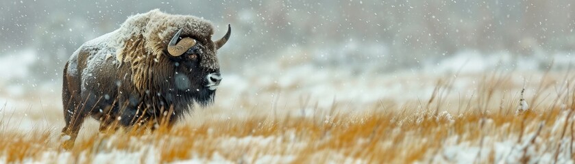 Musk ox, rugged illustration, strong and stoic, in a blizzardswept Arctic grassland , Travel Photography - obrazy, fototapety, plakaty