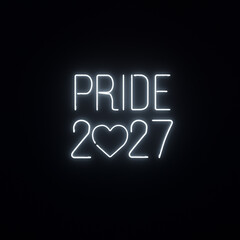 Pride 2027. Glowing neon inscription on a reflected background. 3D rendering. 