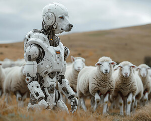 Robot dogs herding mechanical sheep on a digital farm, a future of automated agriculture - obrazy, fototapety, plakaty