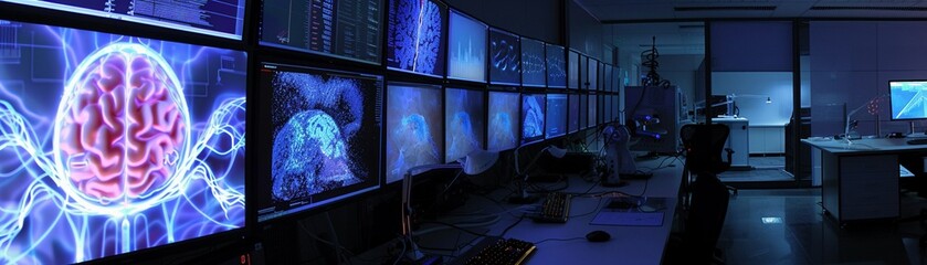 Neurotech research center, cuttingedge, braincomputer interfaces and neural networks, in a dynamic, interactive lab , featuring hyper-detailed