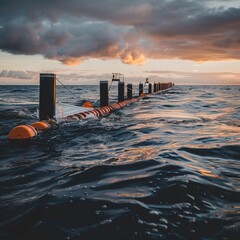 Ocean cleanup devices, autonomous and scalable, collecting plastic waste from the sea, in operation in a polluted marine area
