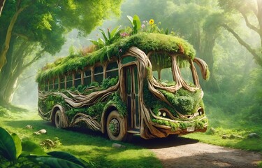 A bus made from a tree trunk and plants