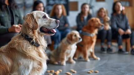 Dogs of various breeds demonstrate focus and obedience during a training session. - obrazy, fototapety, plakaty