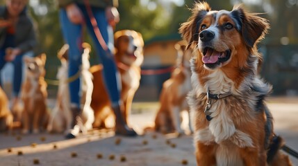 During a training session, dogs of various breeds demonstrate focus and obedience.