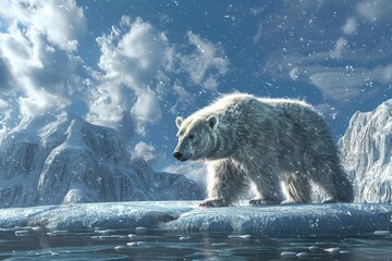 Polar bear, realistic style, nature photography, majestic and serene in a snowy Arctic landscape , featuring hyper-detailed