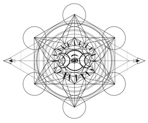 Metatron Cube. Moon pagan Wicca moon goddess symbol. Three-faced Goddess, Maiden, Mother, Crone isolated vector illustration. Tattoo, astrology, alchemy, boho and magic symbol. Coloring book..