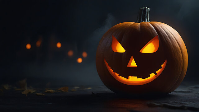 Halloween pumpkin on a black background, scary pumpkin glowing eye, AI Generative
