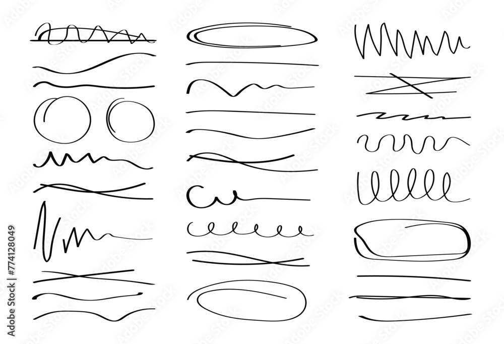 Poster hand drawn collection of different diary scribble lines and elements. marker pen underline and strik