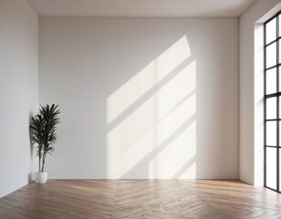 empty white room wall with shadow and light from windows, white interior background with greenery for product presentation, minimalist style, modern interior concept