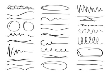 Hand drawn collection of different diary scribble Lines and elements. Marker pen Underline and strikethrough Editable strokes for Note book. Swift crossed and wavy highlight markers for scribbling pad - obrazy, fototapety, plakaty