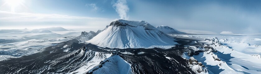 Snowcovered volcano, from the air, contrasting the white peak with dark lava flows, serene and formidable, in a wintry landscape
