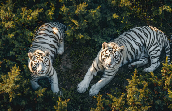 Two white tigers, one sitting on the ground and another lying down, were photographed in an outdoor environment at noon