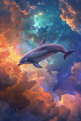 A flying dolphon surrounded by colorful clouds