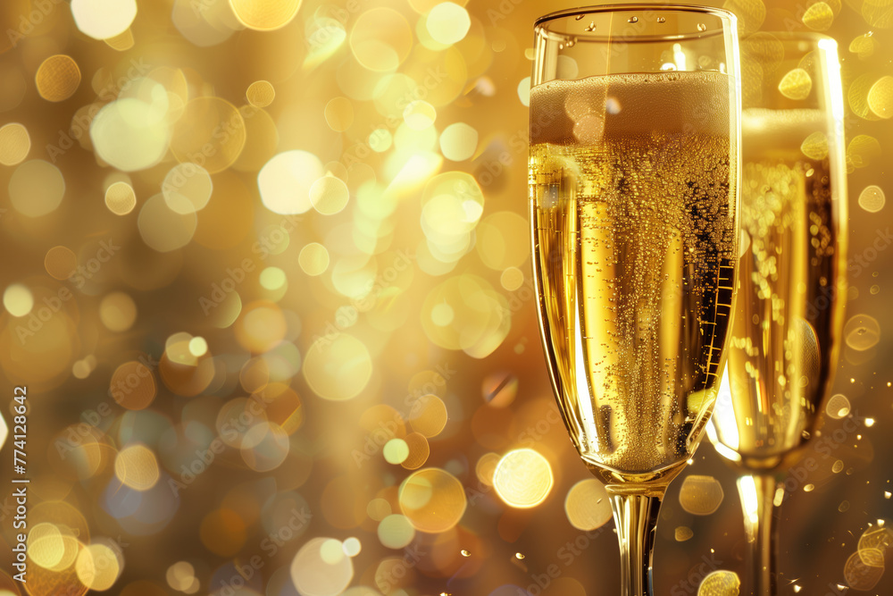Poster two glasses of champagne, bokeh in the back. background image. created with generative ai technology