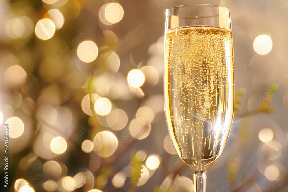Poster a glass of champagne, bokeh in the back. background image. created with generative ai technology.