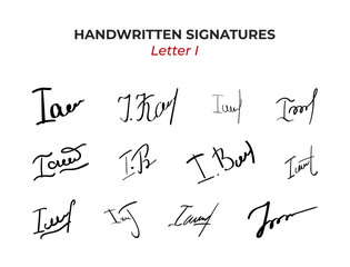 Handwritten Autographs set with letter I. Fake hand drawn scribble. Fictitious signature for business certificate or note. Vector doodle isolated illustration 1 of 26 - obrazy, fototapety, plakaty