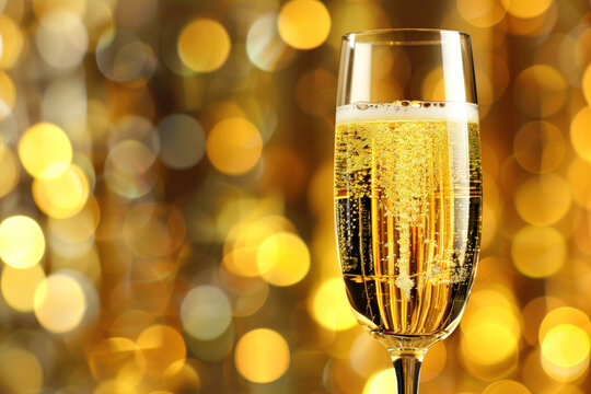A glass of champagne, bokeh in the back. Background image. Created with Generative AI technology.