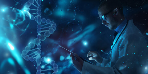 A male doctor, scientist, or genetic researcher using a tablet in luminous DNA molecule structure with a blue background. Hologram, AR healthcare and network. Medical science and biotechnology. - obrazy, fototapety, plakaty