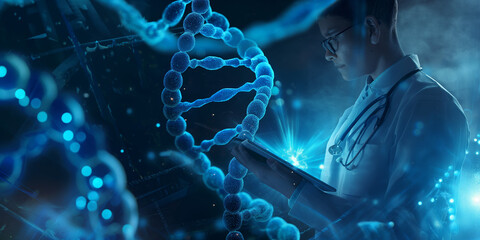 A male doctor, scientist, or genetic researcher using a tablet in luminous DNA molecule structure with a blue background. Hologram, AR healthcare and network. Medical science and biotechnology. - obrazy, fototapety, plakaty