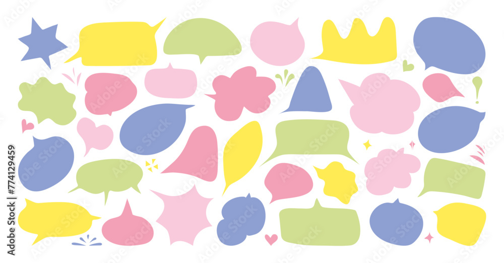 Poster speech bubbles in doodle minimalist style. colorful cloud textbox set. hand drawn text comment box c