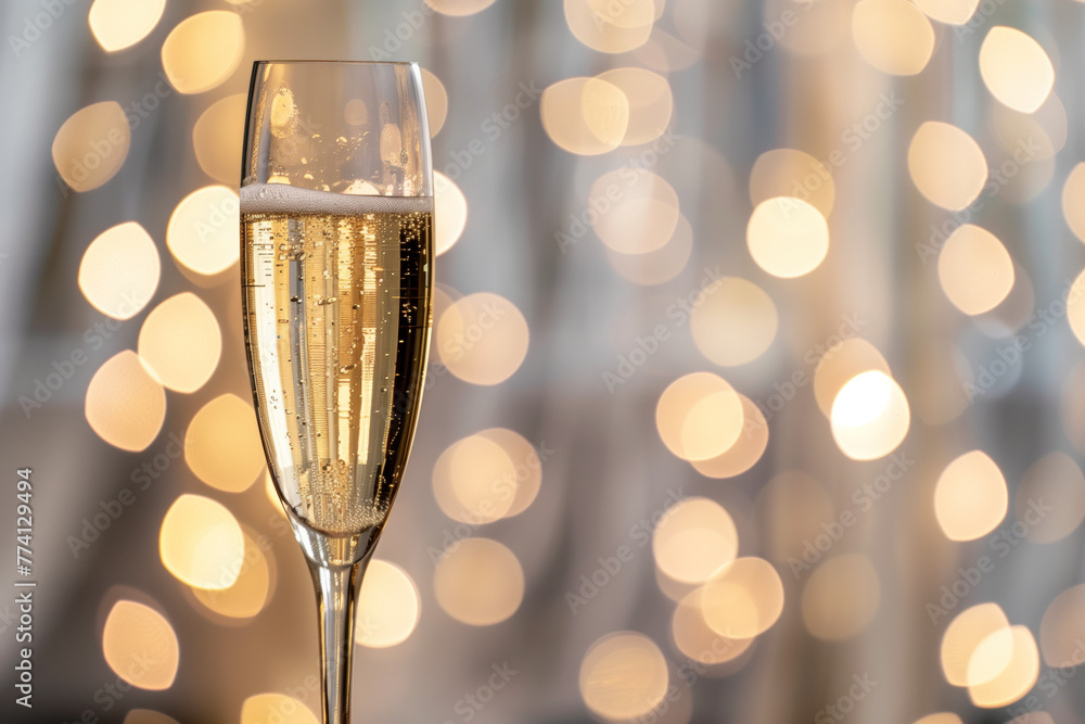 Poster a glass of champagne, bokeh in the back. background image. created with generative ai technology.