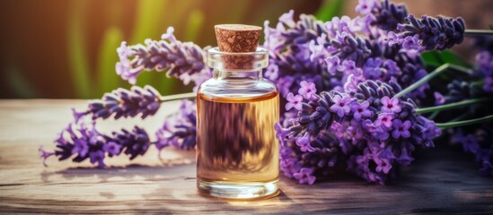 Obraz na płótnie Canvas Lavender essential oil stored in a glass container placed next to a cluster of fresh lavender flowers, emitting a soothing aroma