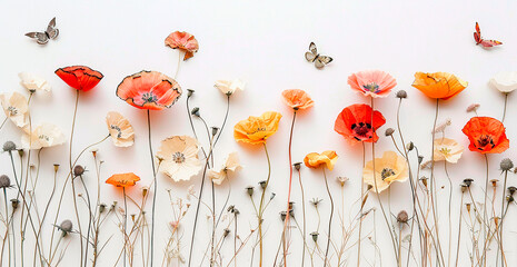 Horizontal seamless border with poppy flowers isolated on white background - obrazy, fototapety, plakaty