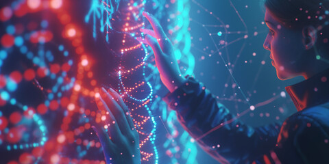 A female doctor, scientist or genetic researcher using a tablet in luminous DNA molecule structure with a blue background. Hologram, AR healthcare, and network. Medical science and biotechnology. - obrazy, fototapety, plakaty