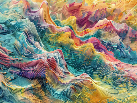 Abstract machine learning landscapes, where algorithms form and validate in a sea of digital consciousness