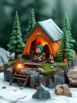 3D picture of outdoor camping. Diorama camping in the forest