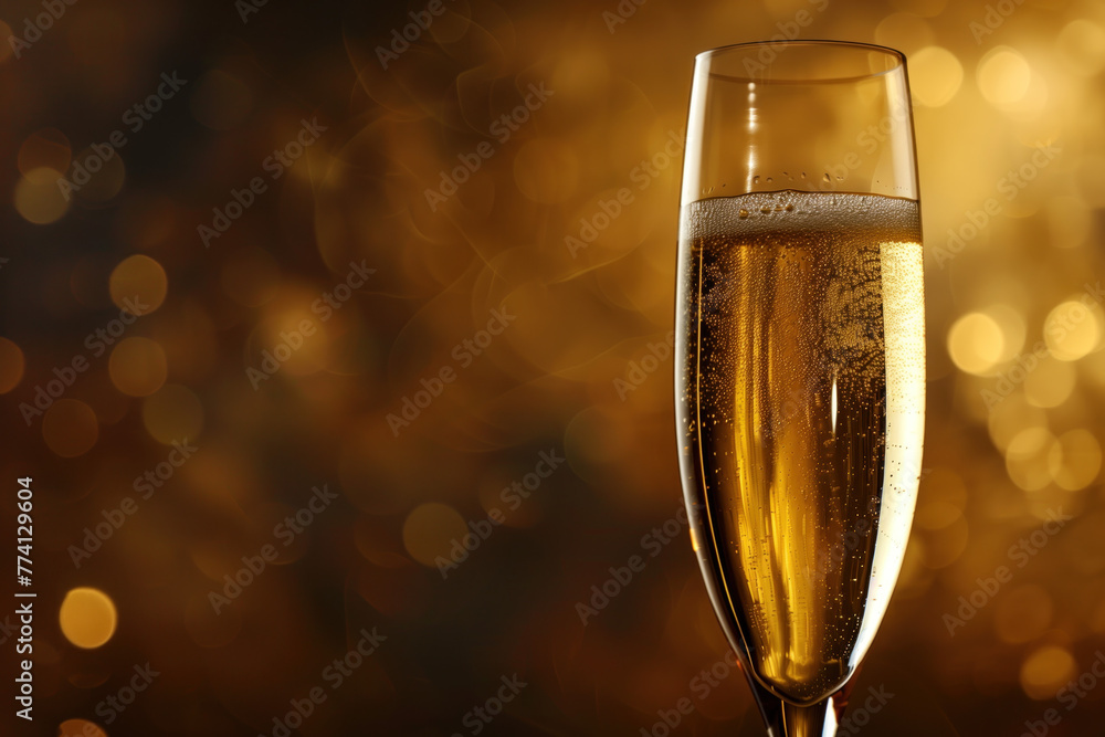 Poster a glass of champagne, bokeh in the back. background image. created with generative ai technology.