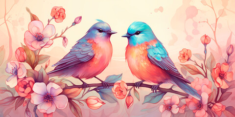Cute picture for a postcard. A pair of birds sit on a branch of flowers. Watercolor illustration