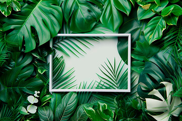 frame with tropical green leaves of monstera and palm