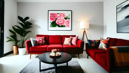 modern living room interior with red sofa