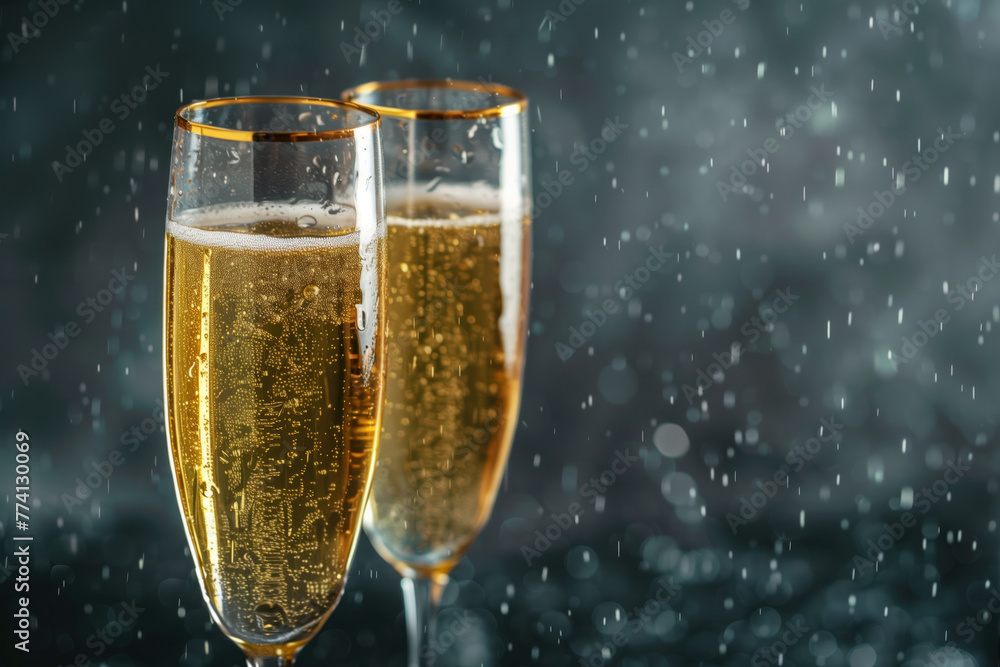 Poster two glasses of champagne, bokeh in the back. background image. created with generative ai technology
