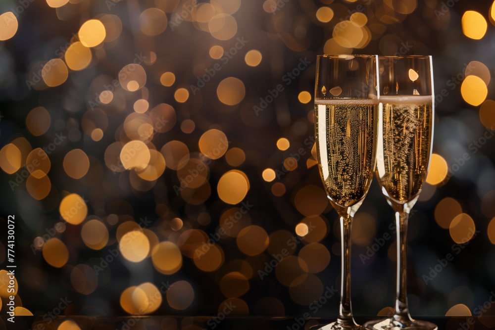 Poster two glasses of champagne, bokeh in the back. background image. created with generative ai technology