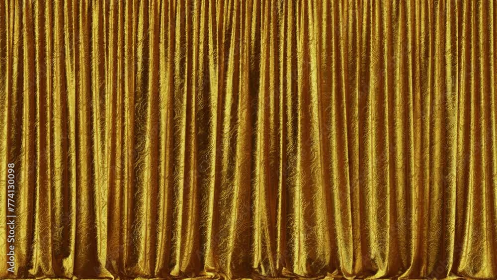 Poster realistic 3d animation of the luxurious textured golden curtain with embossed embroidered fancy orna