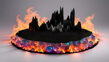 Flames and glowing crystals around a black sand dais with towering black mountains, display platform