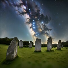 standing stones in a grassy field with a starry nebula across the night sky