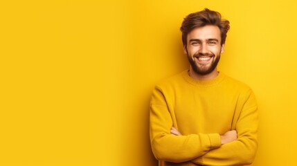 Cheerful Man in Yellow Sweater - obrazy, fototapety, plakaty