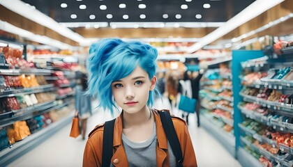 blue-haired teen in a supermarket, shopping