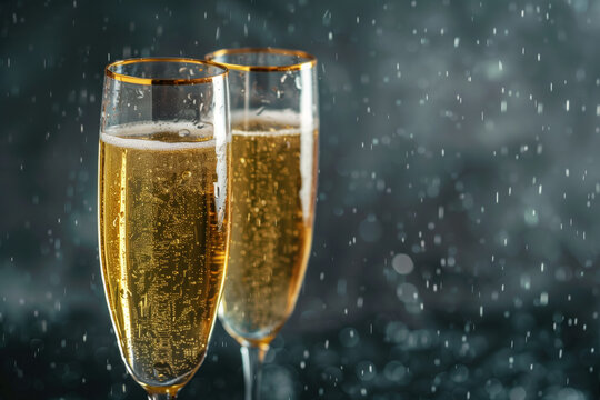 Two glasses of champagne, bokeh in the back. Background image. Created with Generative AI technology.