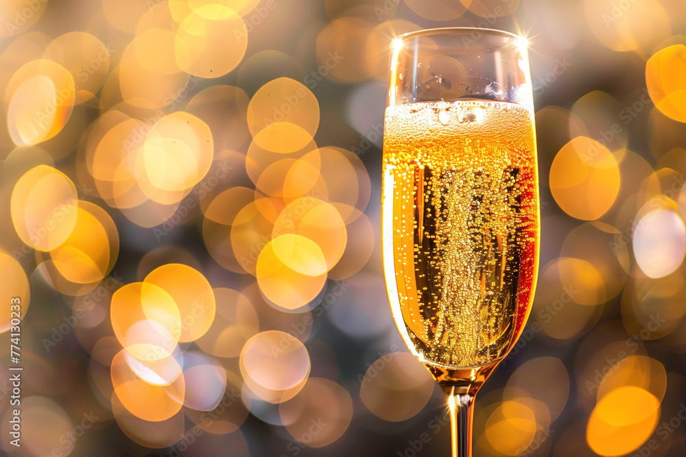 Poster a glass of champagne, bokeh in the back. background image. created with generative ai technology.