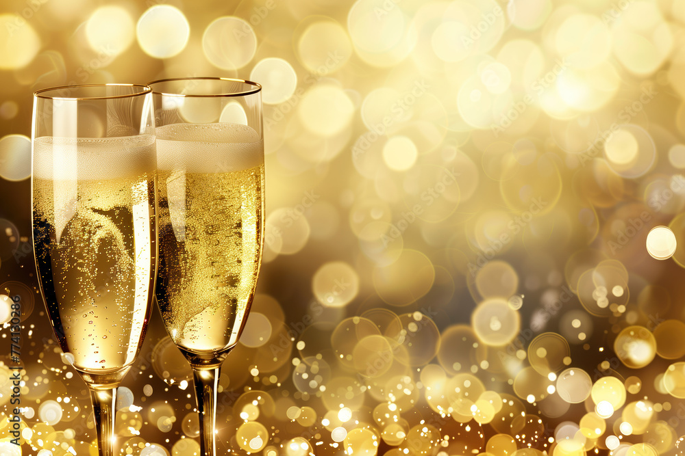 Poster two glasses of champagne, bokeh in the back. background image. created with generative ai technology