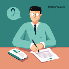 Man doctor fill insurance healthcare document, prescription. Vector medical concept