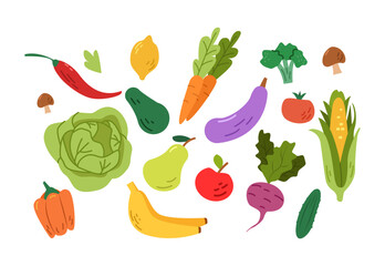 Fruits and Vegetables Set. Healthy Food. Hand Drawn Vector Illustration in Trendy Minimalist Style.