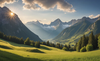 Majestic mountain range, tranquil meadow, panoramic landscape, beauty in nature , detailed - obrazy, fototapety, plakaty