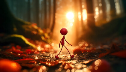 A whimsical red stick figure standing in the center of the frame. The stick figure has a round head and a simple